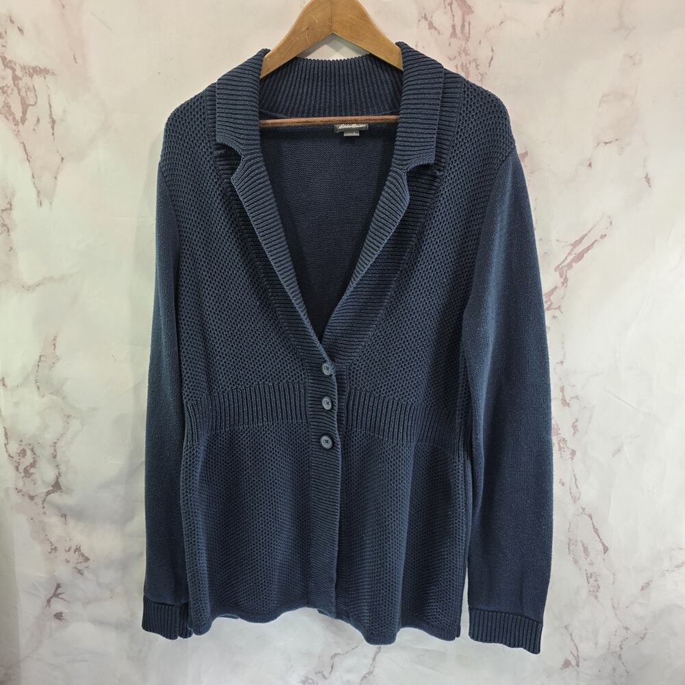 Eddie Bauer Cardigan Womens Large Blue Sweater Blazer Button Cotton